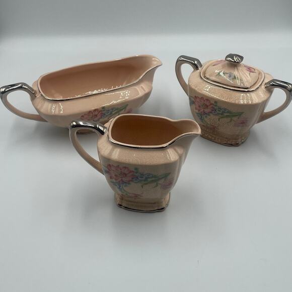 Vintage Quadro Crooksville Sugar Bowl Creamer Gravy Boat Dishes Serveware Pink - Picture 1 of 12
